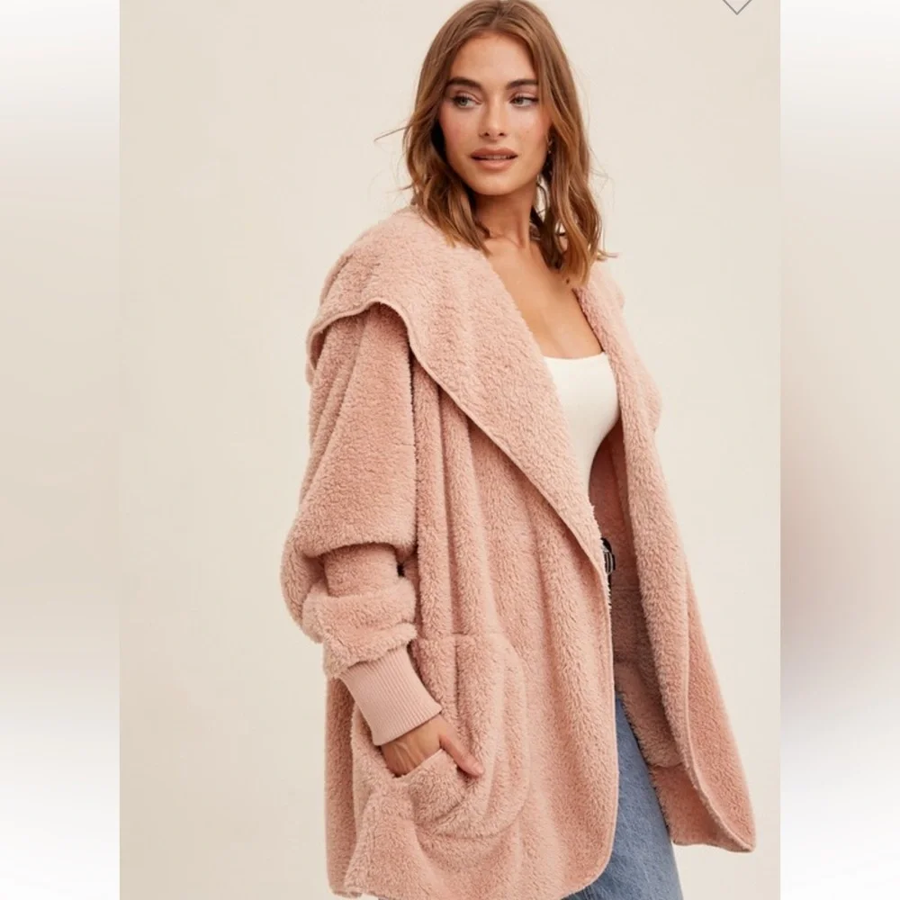🆕Cardigan Oversized Hoodie Cozy Open With Pockets Mauve Pink OSFM - Picture 2 of 4